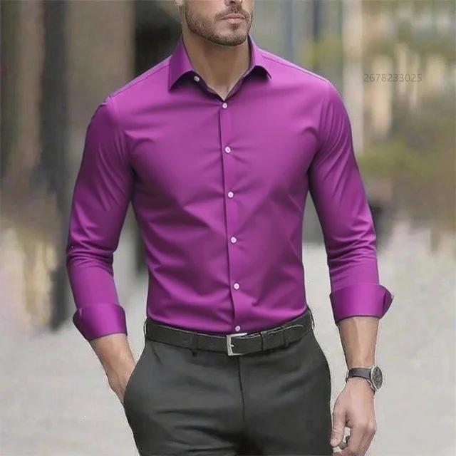 Cămașă pentru bărbați, stil business casual, cu mânecă lungă, culoare solidă, guler revere, rezistentă la șifonare, mărime mare