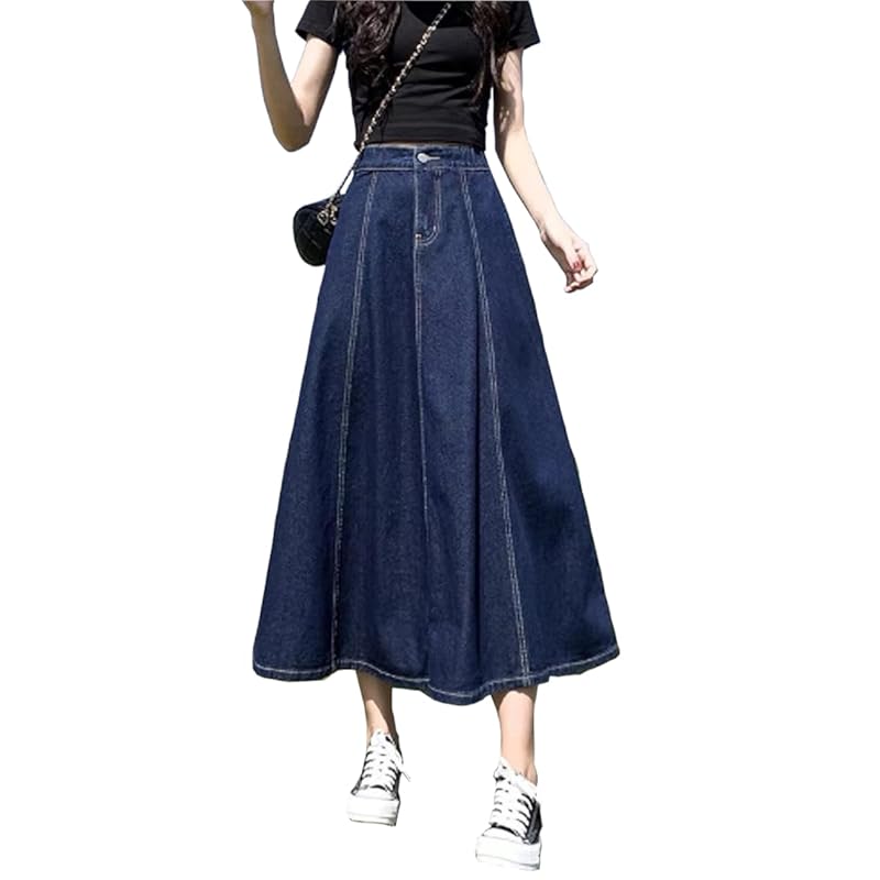 

[SpringSwalloow] [Spring Swallow] ladies high waist a line casual flare denim long medium length Calf length skirt flared skirt long skirt fashion