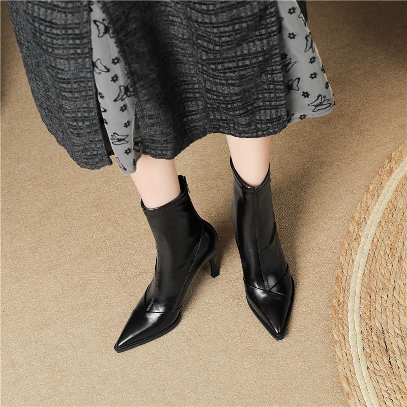 Pointed Wind Thin Boots Thin Heel High Heel Short Boots Women's Splicing Zipper Autumn and Winter New Temperament
