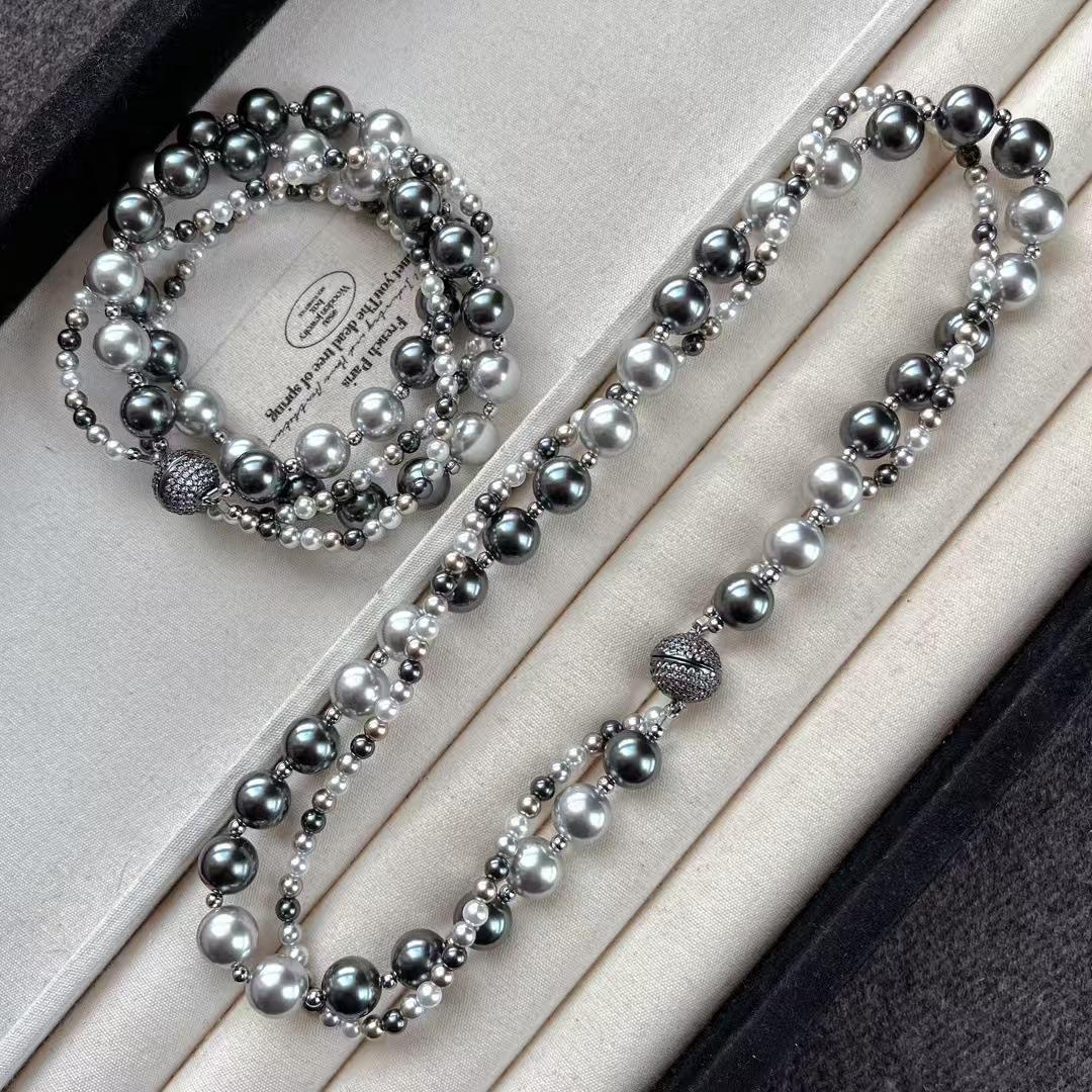 

Vintage Dark Night Black Artificial Crystal Tahitian Black Pearl Mixed Color Double Layer Entangled Clavicle Chain Necklace