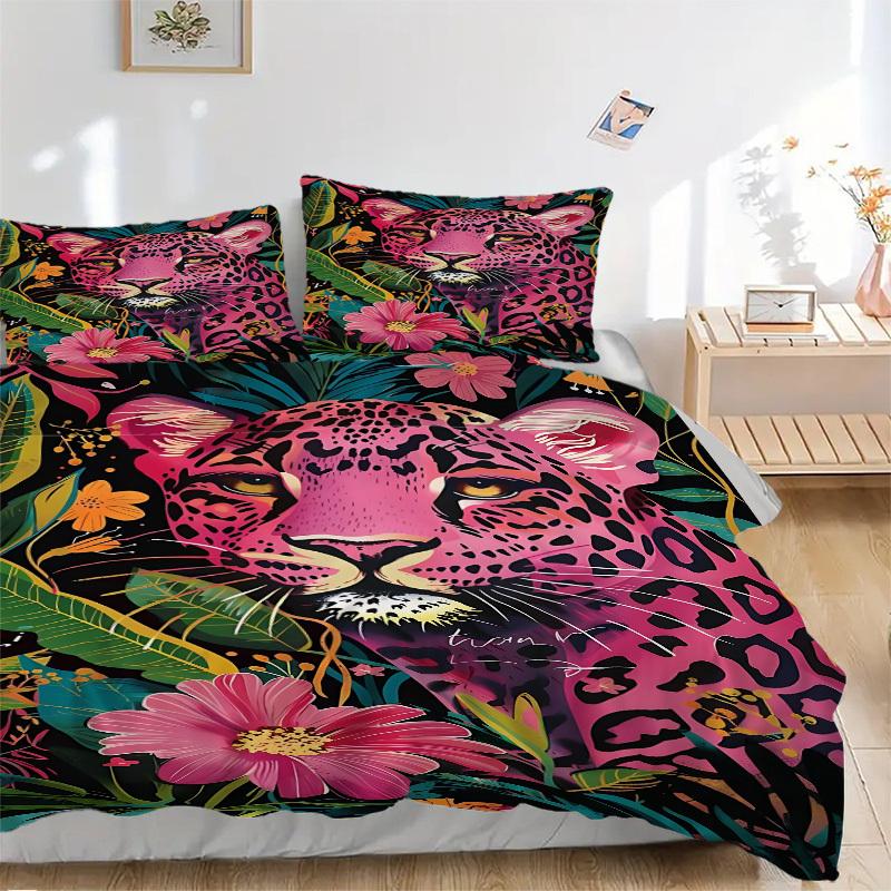 

3PCs Pink Leopard Print Design Cover Set, Breathable Fabric(1 Duvet Cover + 2 Pillowcases) (Without Quilt) yy250911203 135x200cm