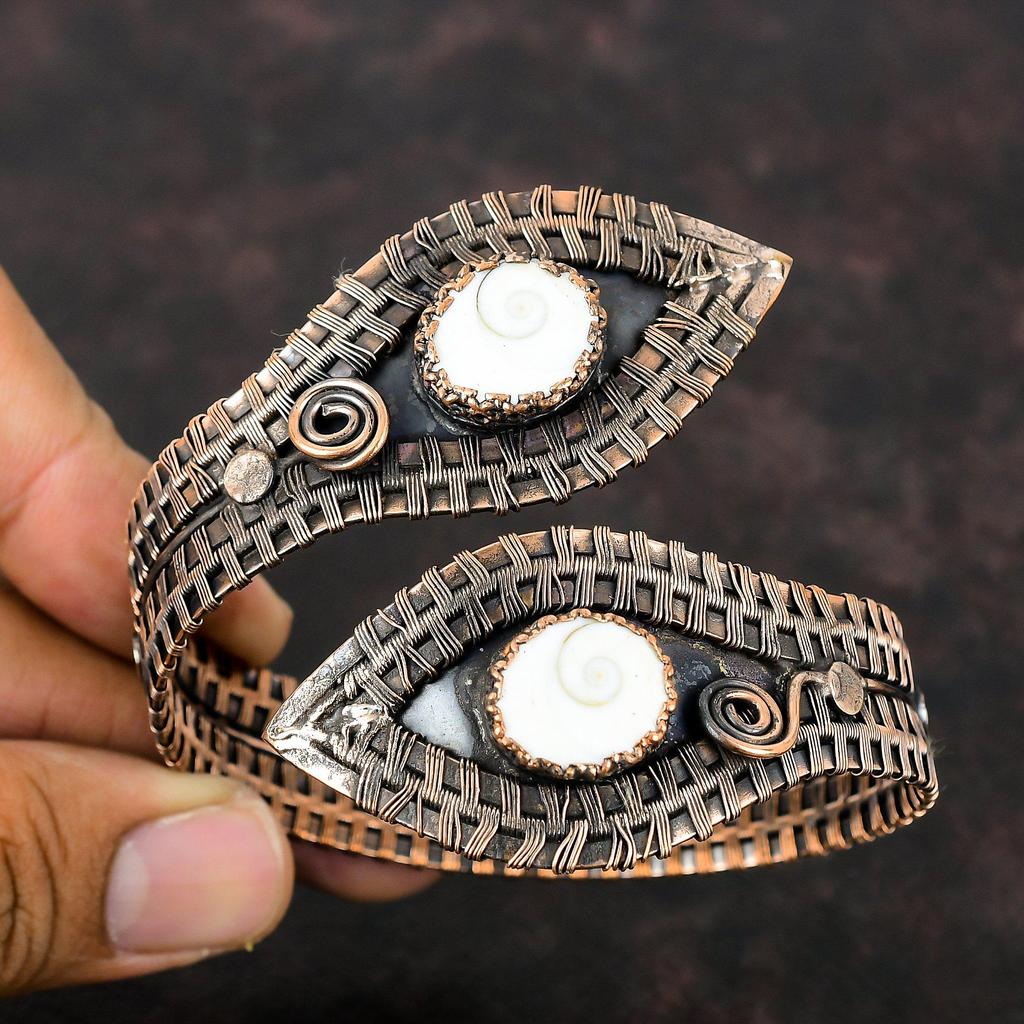 Shiva Eye Shell Gemstone Cuff Bracelet Copper Wire Wrapped Bangle Adjustable Cuff Handmade Bracelet Designer Copper Jewelry Anniversary Gift