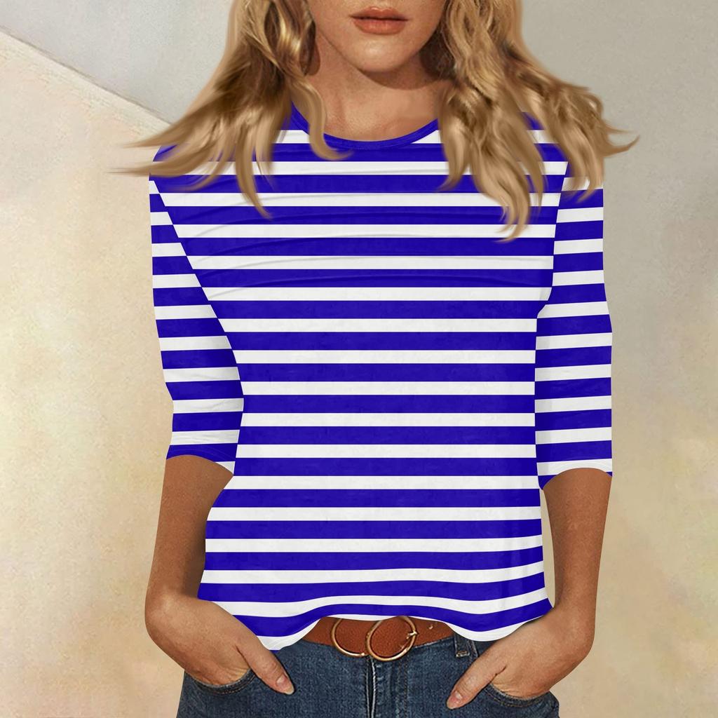 Women's O-neck 3/4 Sleeve Striped Print Top