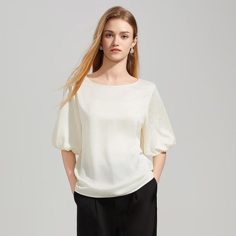 Shetu Women's Simple Round Neck Jacquard Short Sleeve Top