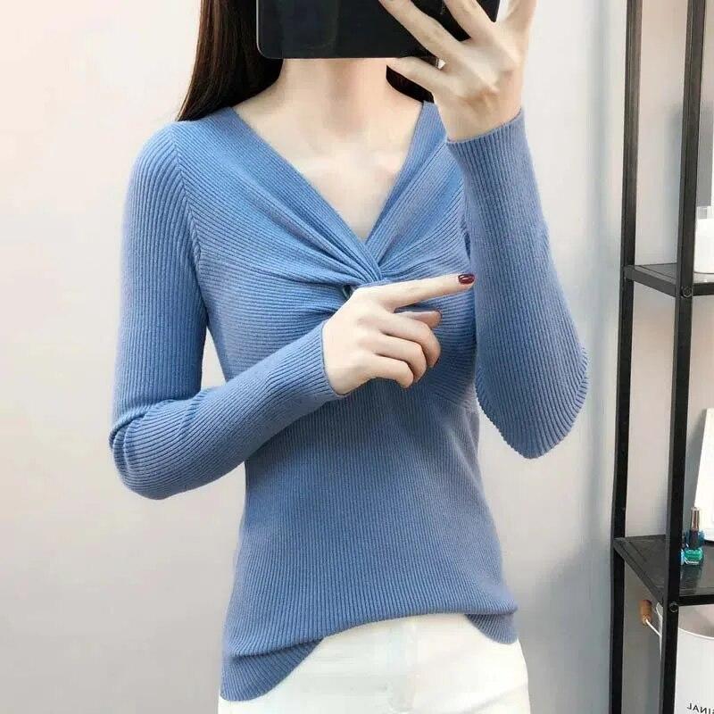 Pullover mit V-Ausschnitt für Damen, schmale Passform, kurzes Oberteil, Pull-Pullover, Strickpullover, solide Langarm-Damen, Frühling und Herbst