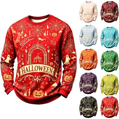 Men's Casual Round Neck Long Sleeve Top with Halloween Print