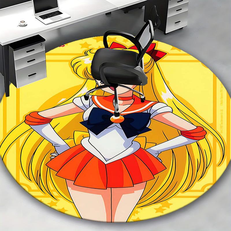 1pc Sailor Moon Anime Cartoon Design Round Carpet Office Chair Mat, NonSlip Rug for Home Decor, Living Room, Bedroom