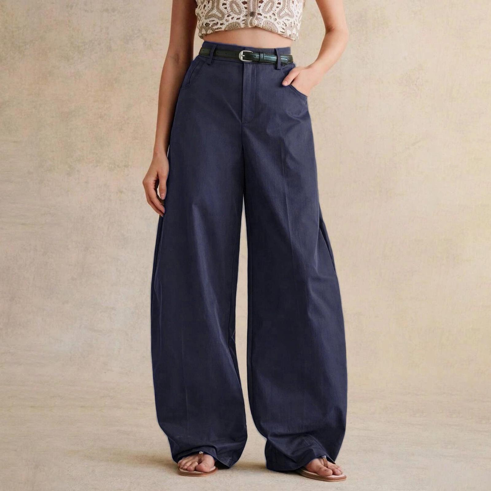 

Women’s Loose Fit Straight Leg Wide Leg Pants Casual Relaxed Trousers with Pleat Design Without Belt XXL Темно-синій
