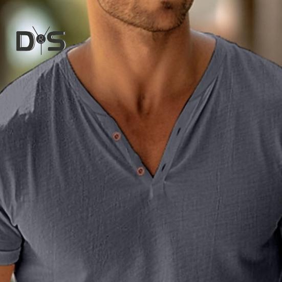 Męski T-shirt z kołnierzykiem henley z krótkim rękawem w jednolitym kolorze, letni, bawełniana mieszanka, casualowy top do noszenia na co dzień, na plażę, w podróży