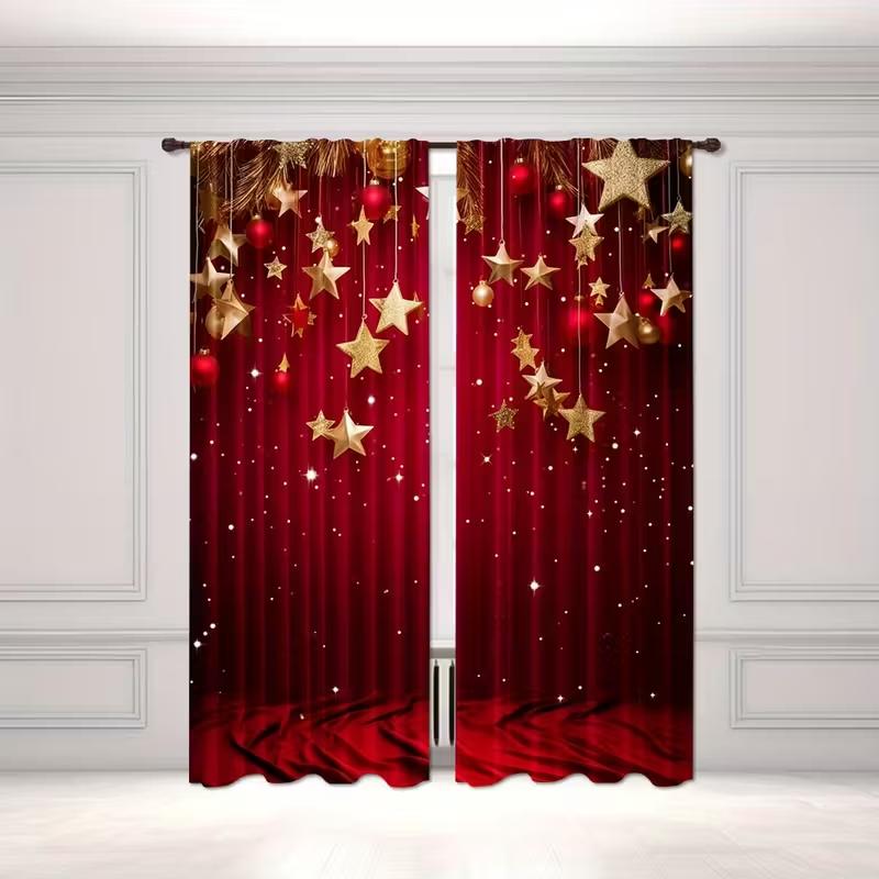 2pcs Red & Gold Star Christmas Curtains Glittery Design Polyester Window Decor for Holiday Living Room Bedroom Rod Pocket Curtai