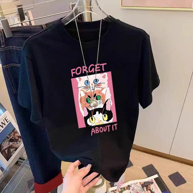 Weißes Baumwoll-Kurzarm-T-Shirt für Damen Im Sommer Neue Modische und Schöne Shirt Cartoon-Druck Schulter-T-Shirt Top