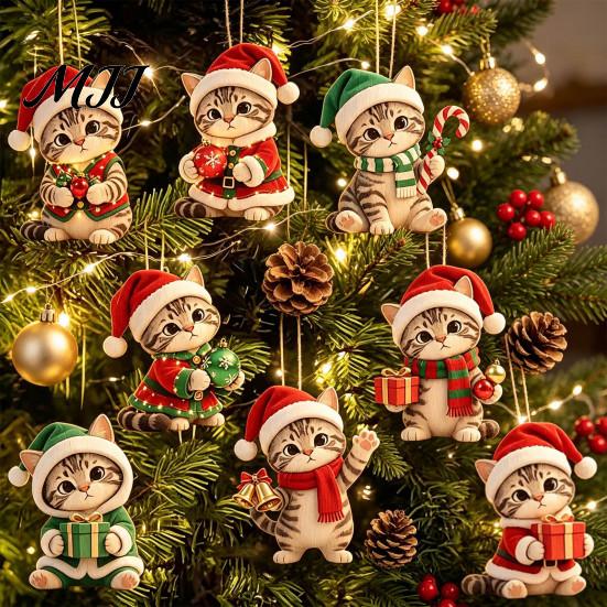 Cute Kitten Xmas Decor Christmas Ornament for Tree Hanging, 2D Flat Wooden Festive Gift Tags Decorative Pendant with Lanyard Home Holiday Party