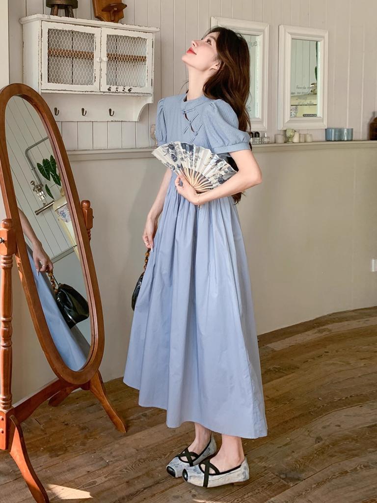Blue New Chinese Dress, Summer Women's New Cheongsam Improved, Light and Mature, Foreign Style and Thin Long A-shaped Skirt