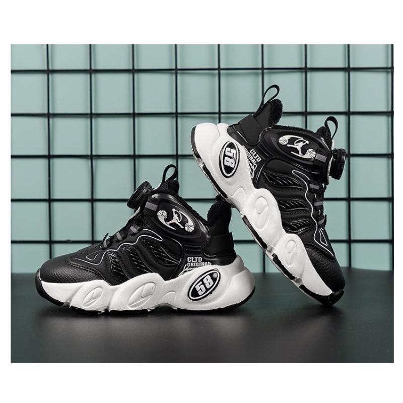 Boys' Shoes Autumn and Winter New Two Cotton Plus Fleece Warm Children's Sports Shoes Rotating Buttons Large Children's Basketball Shoes