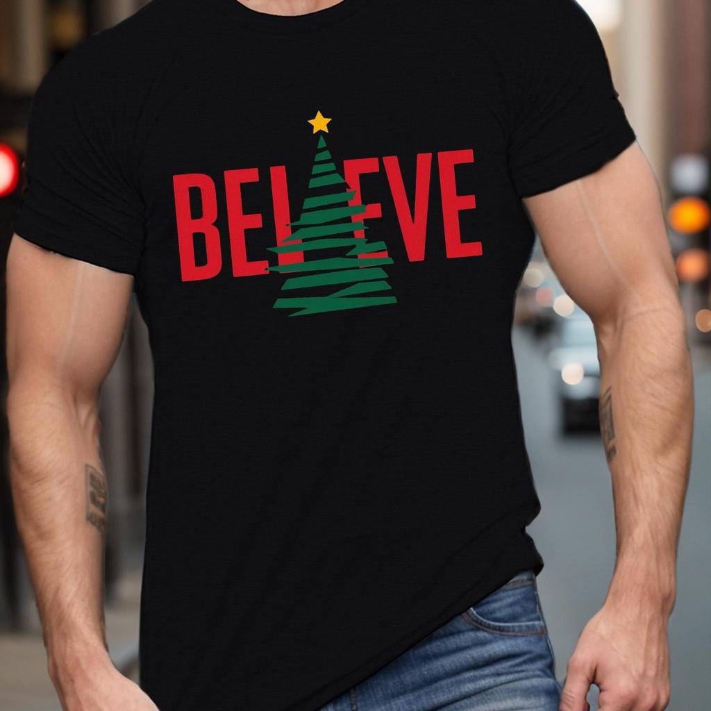 Believe Christmas Tree Graphic Mens Cotton TShirt Casual Short Sleeve Round Neck Tee
