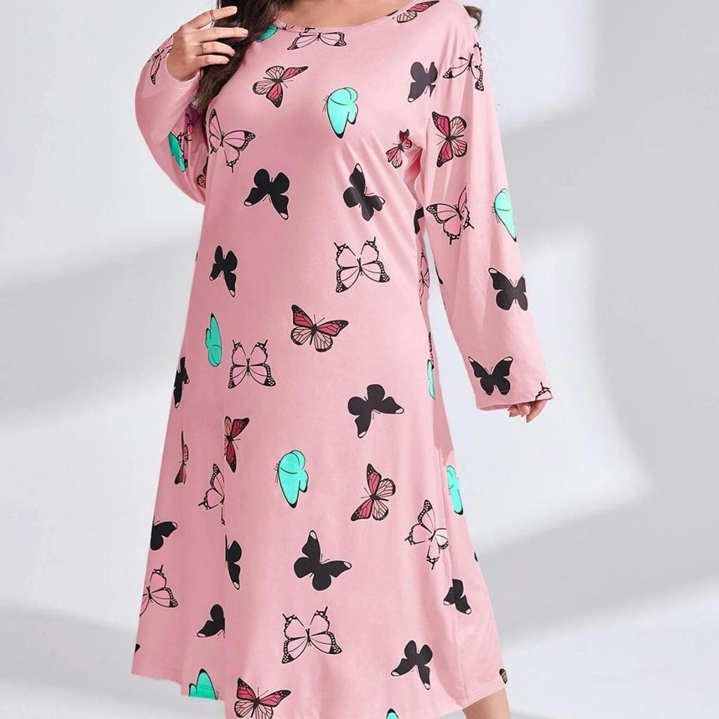 2025 European Plus Size Long Sleeve Butterfly Heart Leopard Print Nightgown
