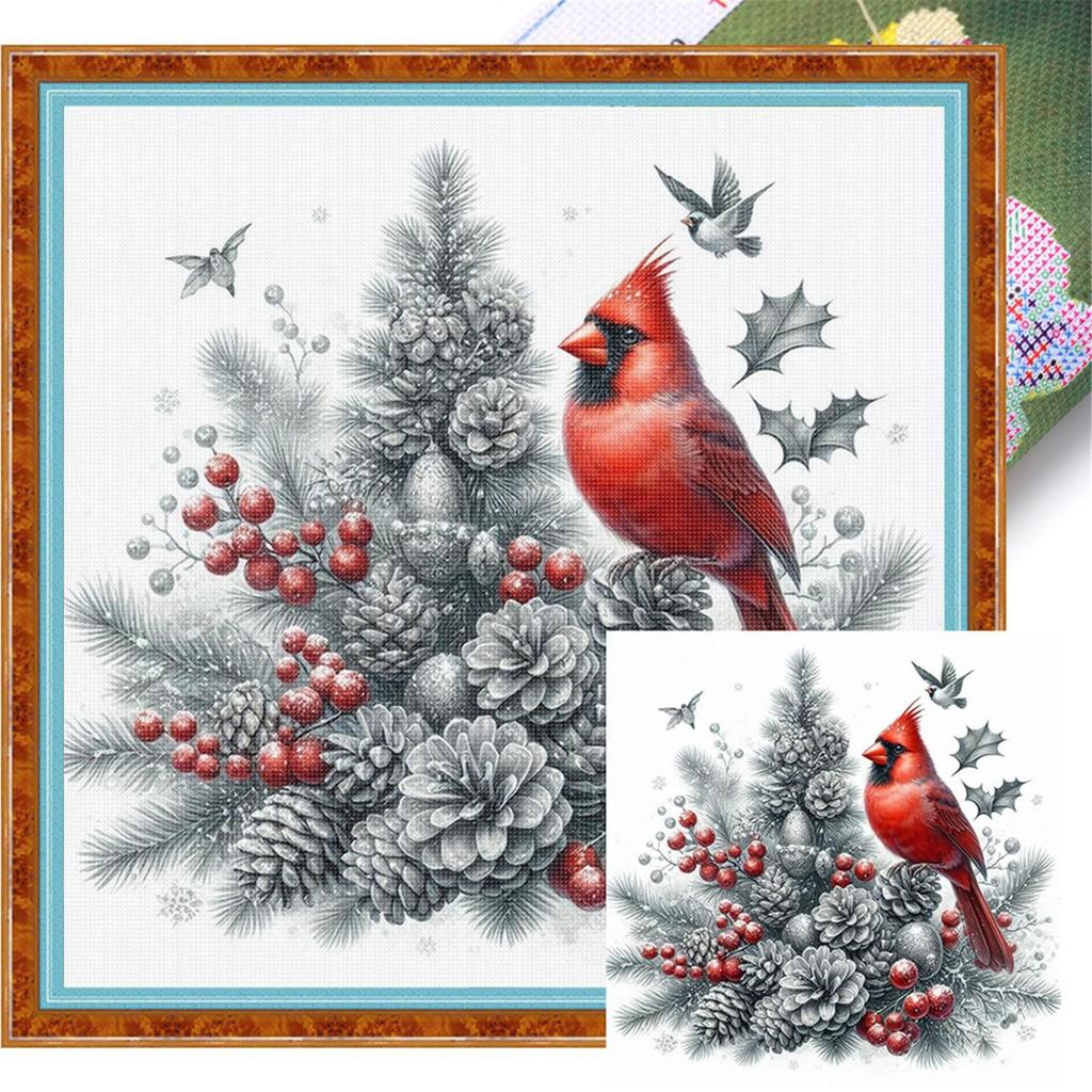 Christmas Bird Full 11CT DIY Stamped Cross Stitch Kits 15.75x15.75inch Printed Cross-Stitch Kits for Beginners Adults Home Decor