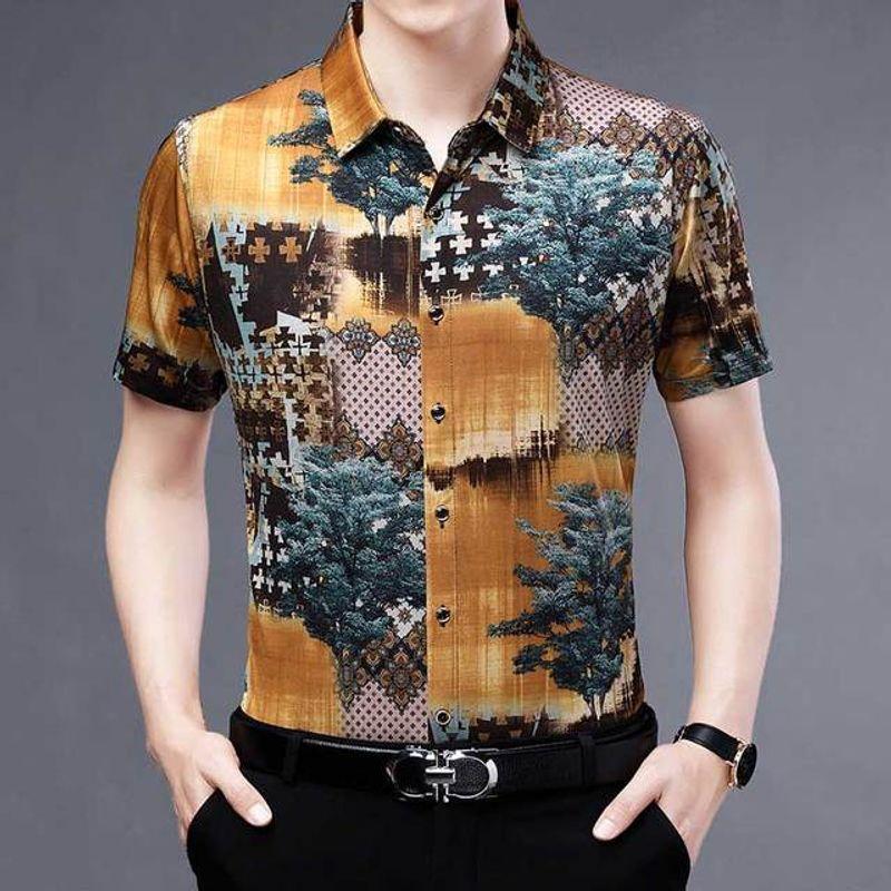 

Мужская рубашка свободного кроя с принтом, эластичная, с рукавом до локтя Yellow XXL