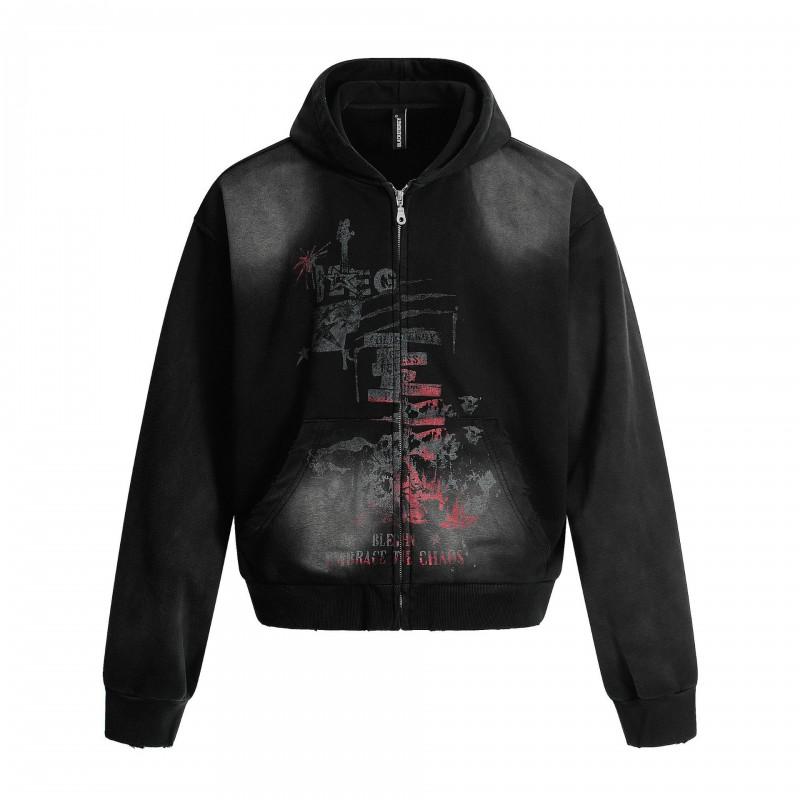 Mens Oversized Hooded Zip-Up Sweatshirt With Abstract Print Vintage Americana Streetwear Washed Cotton Blend Loose Fit