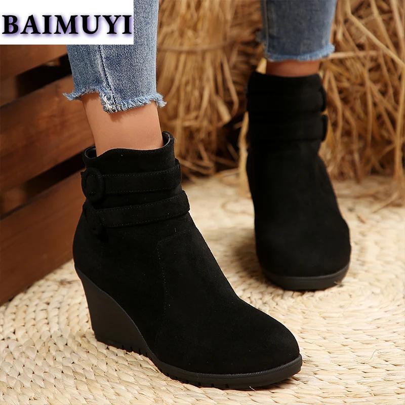 Móda Dámské klínkové sněhule ke kotníku Semišové boty na vysokém podpatku 2025 Trend Nové designové zimní Chelsea boty Elegantní lodičky na zip Mujer Botas