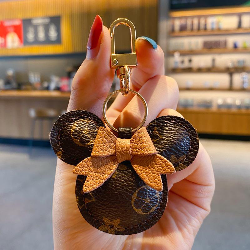 Exquisite Classic Leather Old Flower Car Pendant Keychain with Cute Ball Cartoon Rex Rabbit Fur for Women's Bags