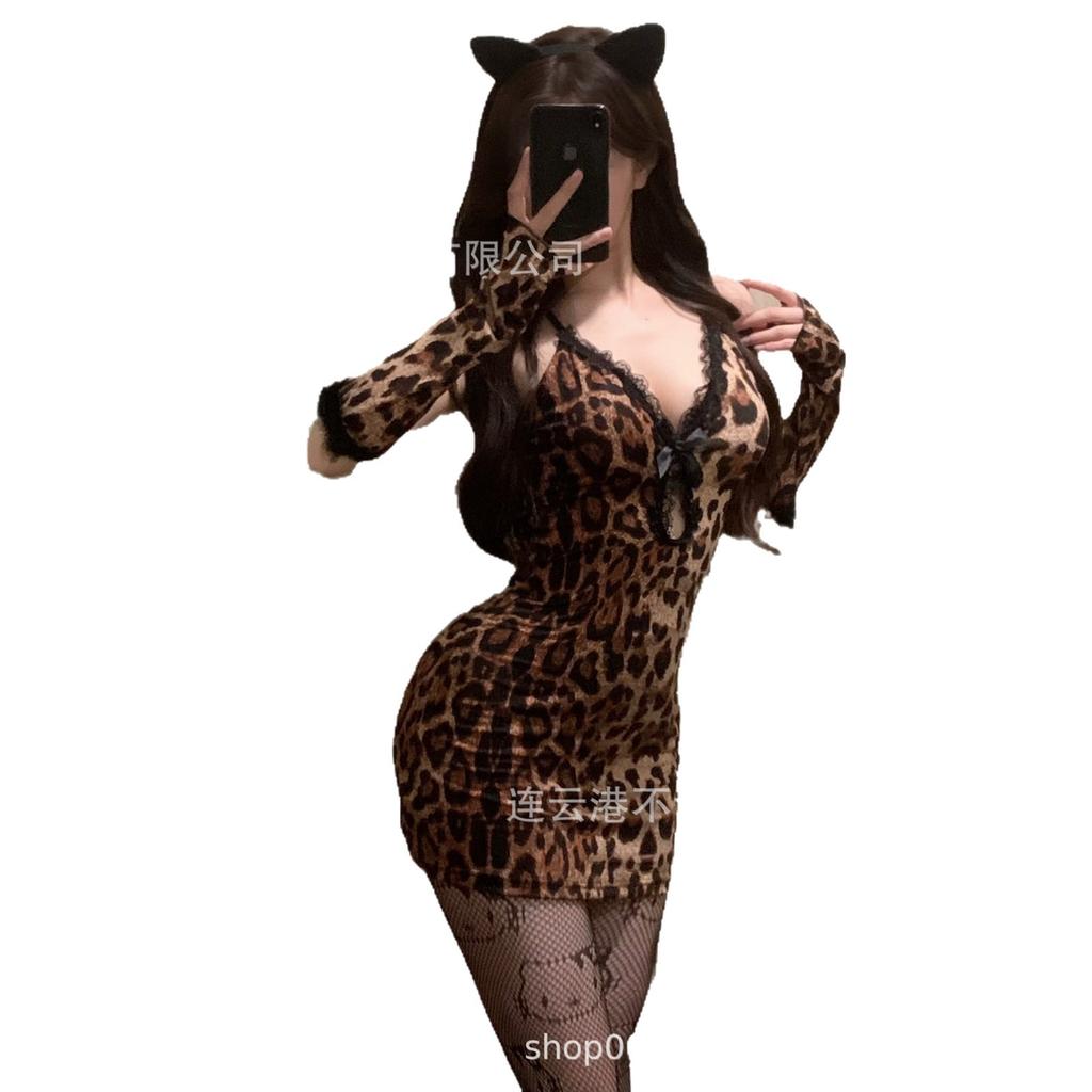 Sexy lingerie pure desire cute leopard print hip skirt uniform suit no-take-off sleeping clothes qqny