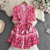 Summer Runway Red Blue Porcelain Party Dress Women's V Neck Flare Sleeve Ruffles Buttons Flower Print Beach Mini Dresses