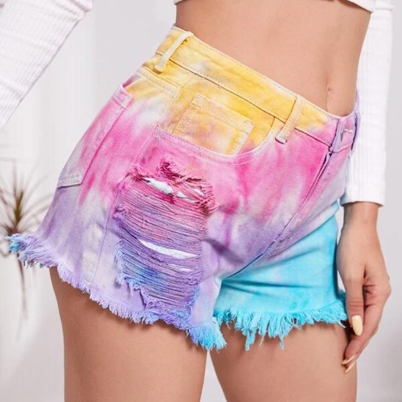 2025 Jaro/Léto Evropské a Americké Tie-Dye Třásně Opotřebovaný Spodní Lem Volné Dámské Džínové Šortky