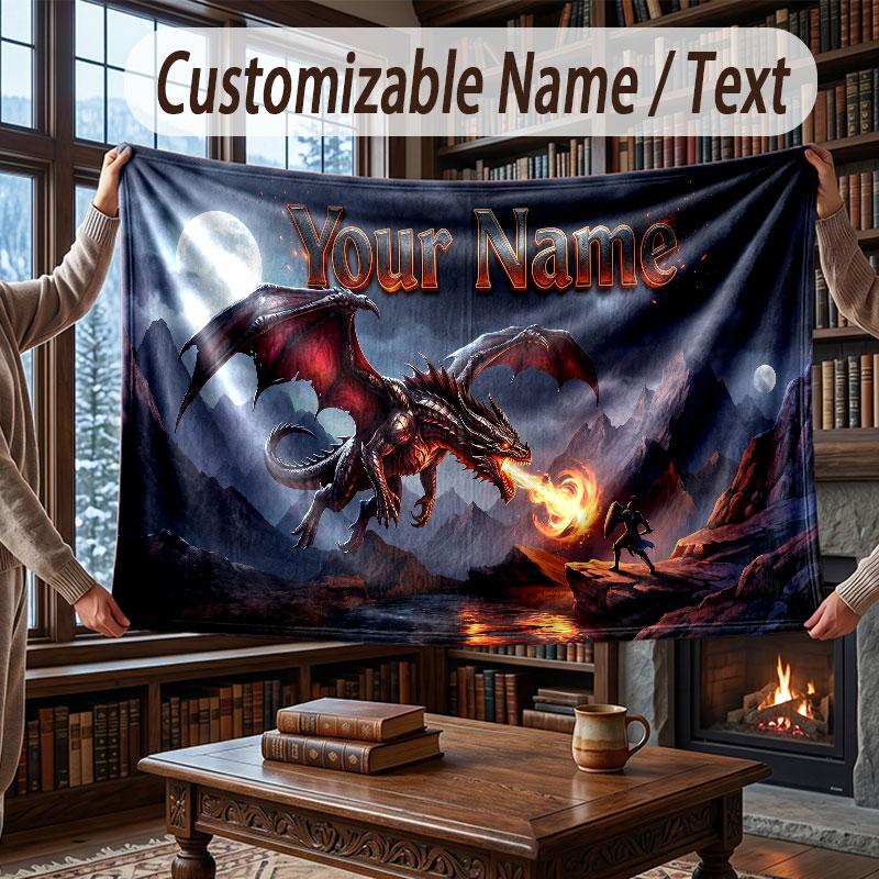 Dragon Theme Throw Blanket Custom Name Text Personalized Blanket Soft Cozy Blanket for Home Sofa Bed