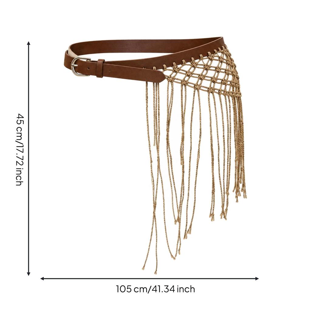 Braided Waist Belt with Fringe Tassels Adjustable Buckle Closure Fringed for