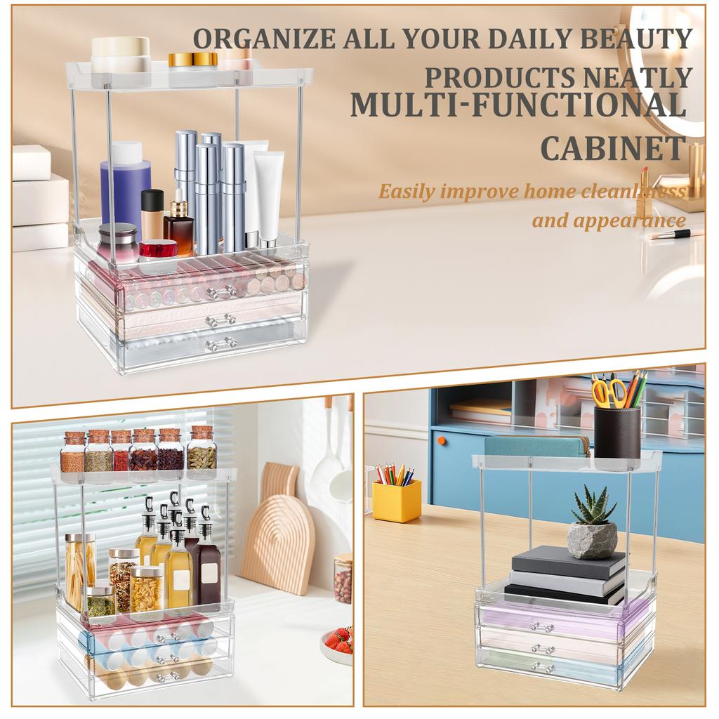 Transparent Countertop Storage Rack Plastic Makeup Storage Box with 3 Tier Drawer Dressing Table Organiser for Bedroom Kitchen