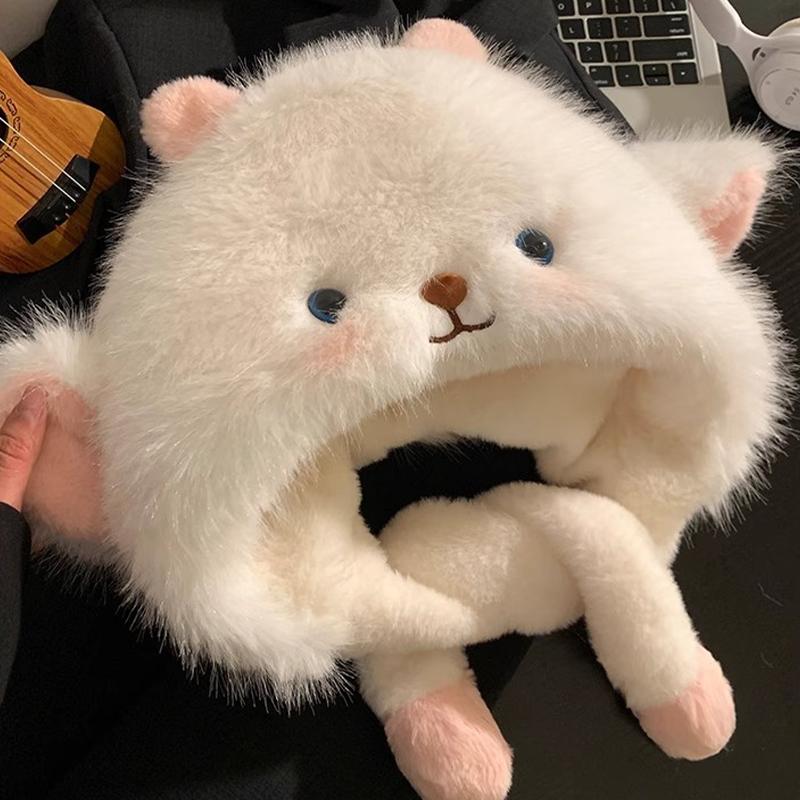 1Pieces Women's Winter Cute Thick Warm Ear Protection Hat With Moving Ears Cartoon Plush Hat Mountaineering Scarf