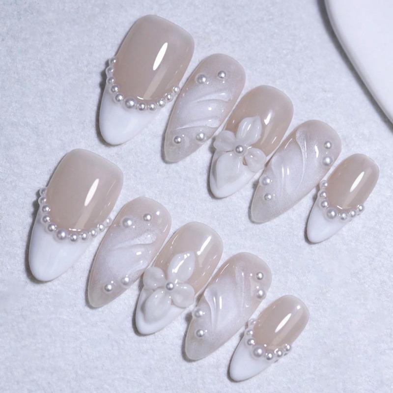 3D Flower And Water Ripple Nail Decoration White And Nude Color French Manual Nails 100% Handmade Press On Nails Almond 10Pcs Fake Nail Tips Reusable