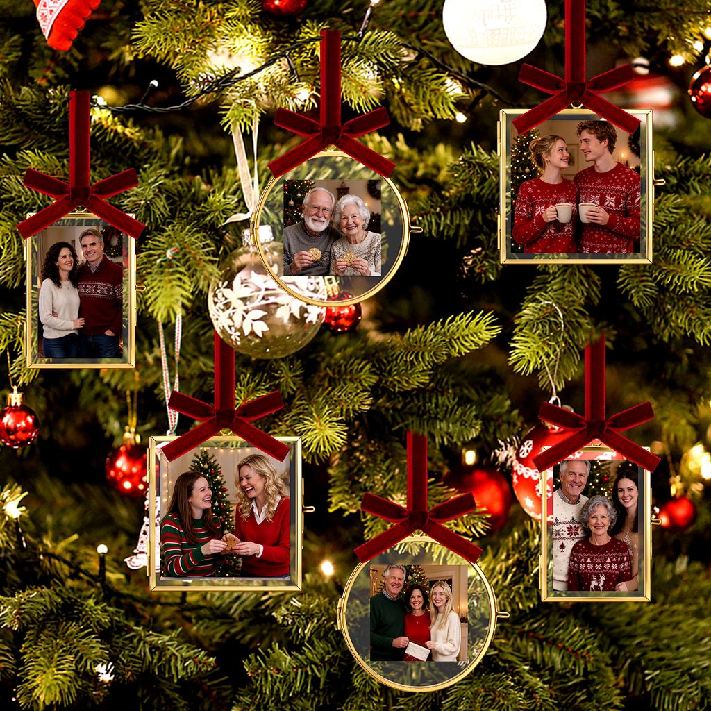 12 Pcs Christmas Frame Ornament, Double-Sided Vintage Frame, 3 Shapeglass And Metal Frame Ornaments