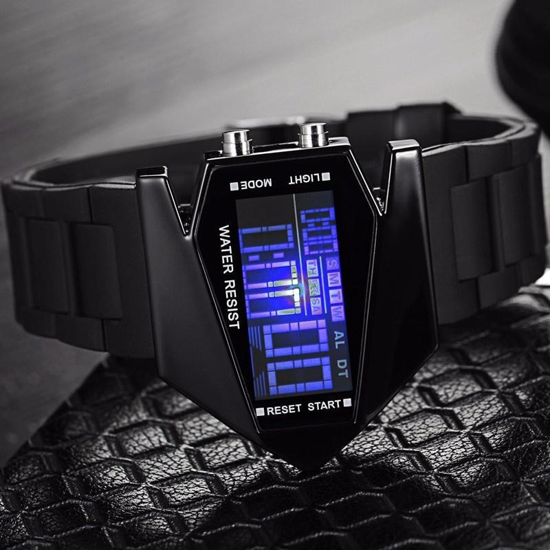 Irregular Shape Men Unique Led Display Rubber Band Digital Watches  Waterproof Military Watch