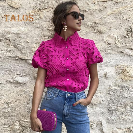 Women Shirt Lapel Puff Short Sleeve Slim Fit Shirt Tops Solid Color Button Closure Hollow Lace Crochet Blouse