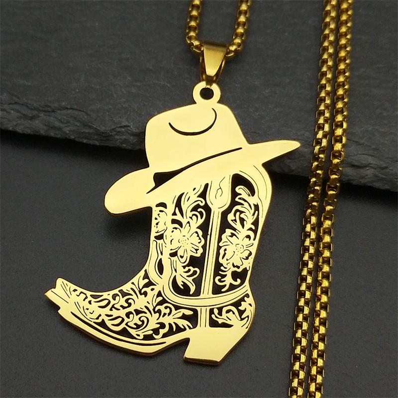 Bohemia West Cowboy Shoes Flower Necklace For Women Men Stainless Steel Hollow Gold Color Fashion Male Chain Jewelry Gifts