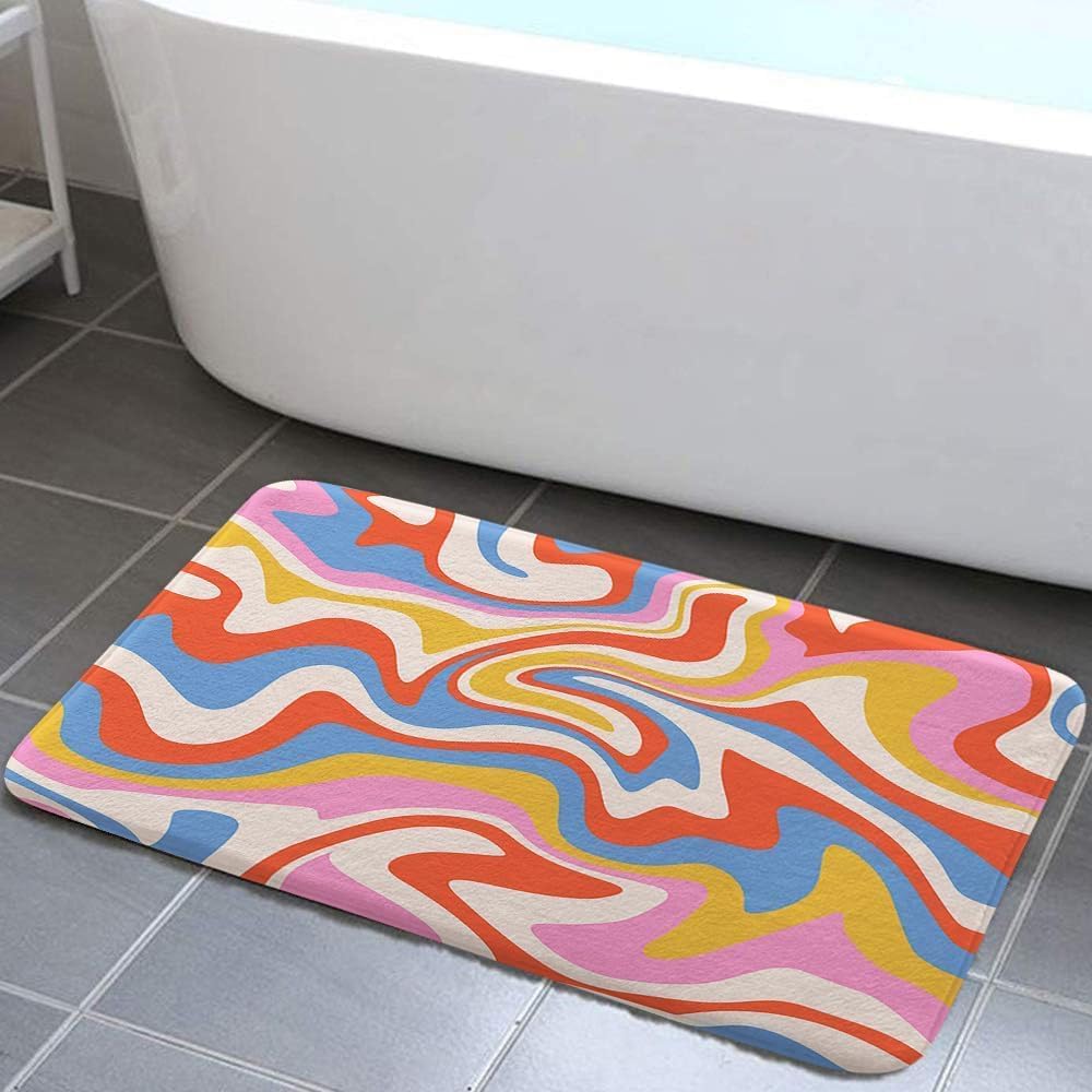 Retro Boheemse Abstracte Golf Badkamertapijt Roze Oranje Kleurovergang Antislipmat Spiraalvormige Krul Psychedelisch Meisjeshart Douchemat