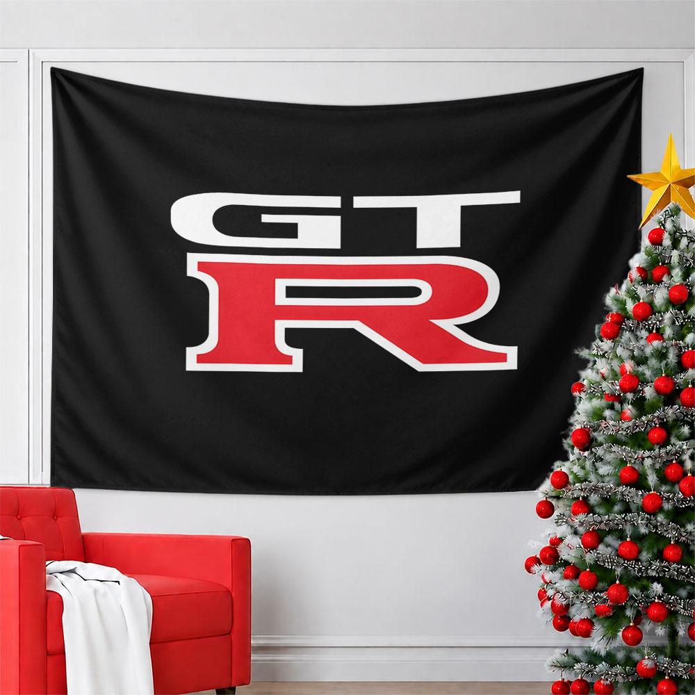 GT-R Logo Design on Black Background Pattern Wall Hanging Tapestry Decorative Tapestry Home Decor for Bedroom and Living Room
