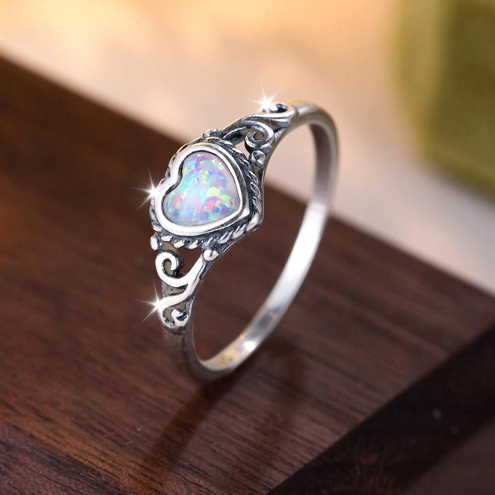 S925 Sterling Silver Heart-shaped Blue Opal Ring for Women Simple Wedding Engagement Jewellery Gift