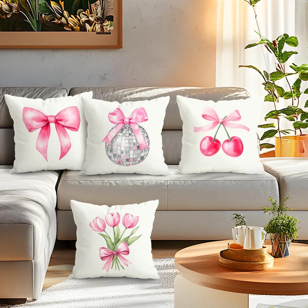 4 Pcs Pink Bow Single-Sided Printed Pillowcase Cushion Cover,Suitable For Living Room,Bedroom,Car Decoration