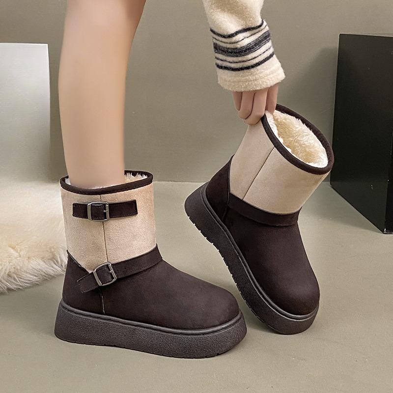 Fashion Platform Cotton Boots Women's Fashion Round Toe Suede Spliced Metal Buckle Sleeve Soft Sole Non-Slip Mid-Cylinder Boots