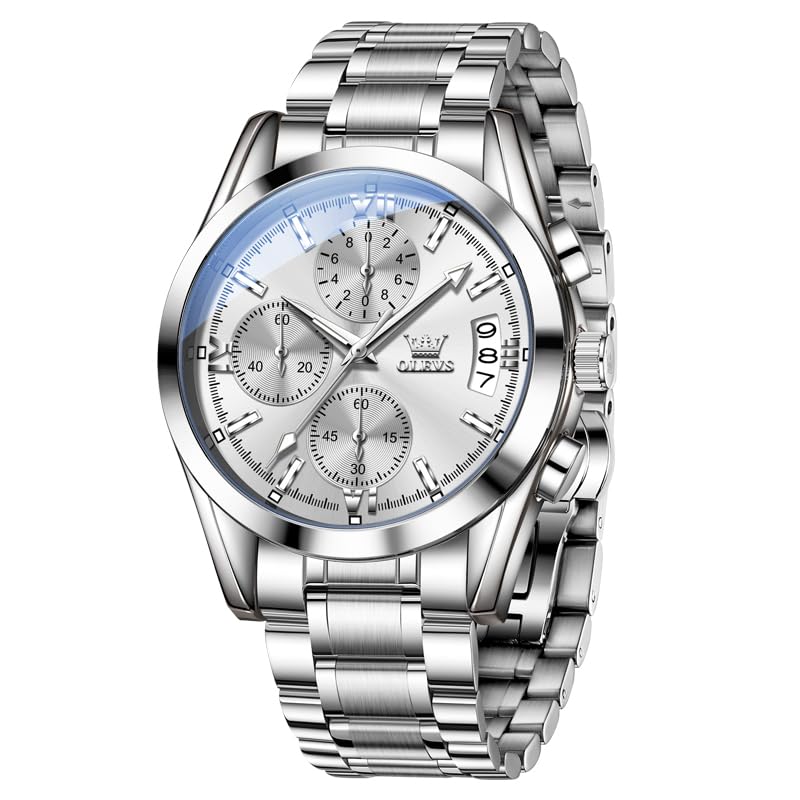 OLEVS Men's Waterproof Watch with Luminous Chronograph, Date Display, Stainless Steel Band, White, for Business and Casual Wear