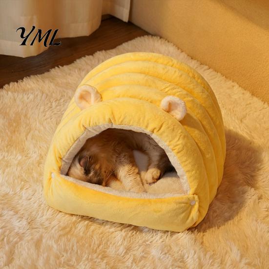 Resilient PP Cotton Cat House Cave Bed, Warm Semi Enclosed Hideaway, Winter Sleeping Easy Care Washable Pet Bag with Snap Buttons, Cozy Calming