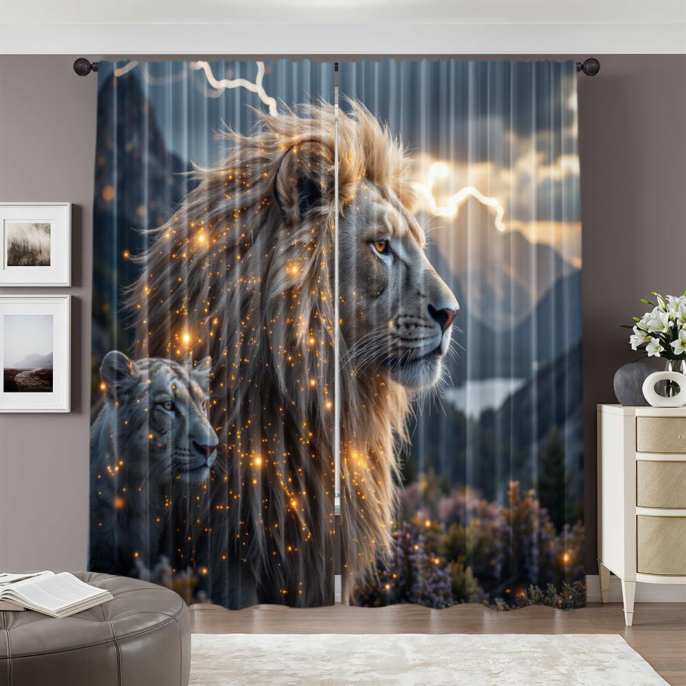 2pcs   Spring Summer Curtains Lion Sheer Curtains Versatile Polyester Festive Ldeal for Bedroom Living Room Study Room Office
