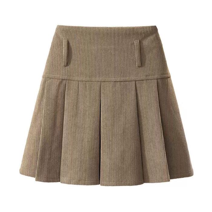 High-Waist Corduroy A-Line Pleated Mini Skirt - Autumn/Winter Slimming Design Large