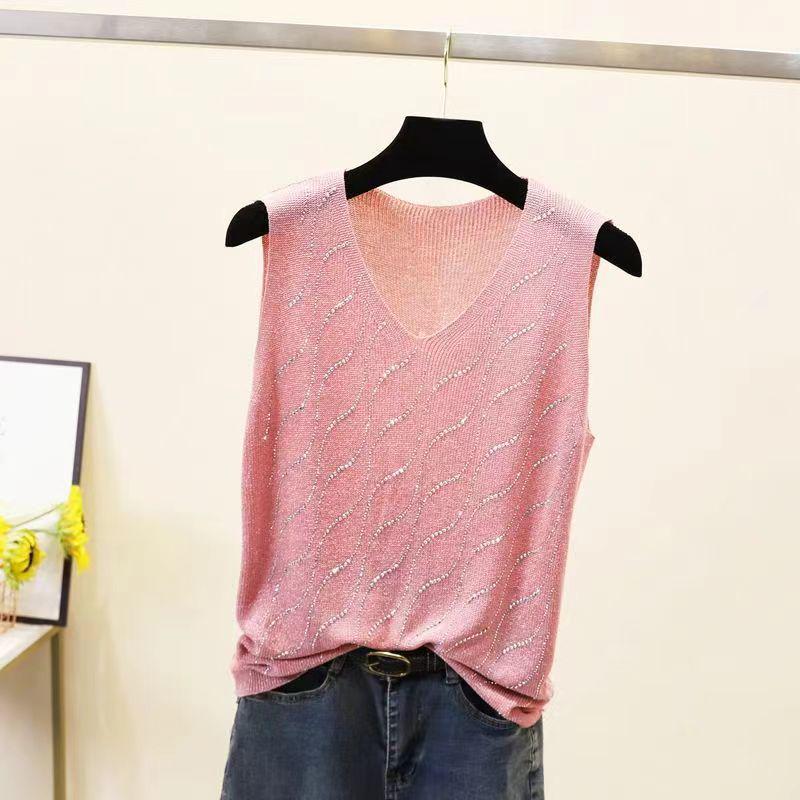 2023 Shiny Silk Sleeveless V-Neck Women's Vest - Spring/Summer New Style, Loose Fit with Hot Diamond Sling Knitted Design