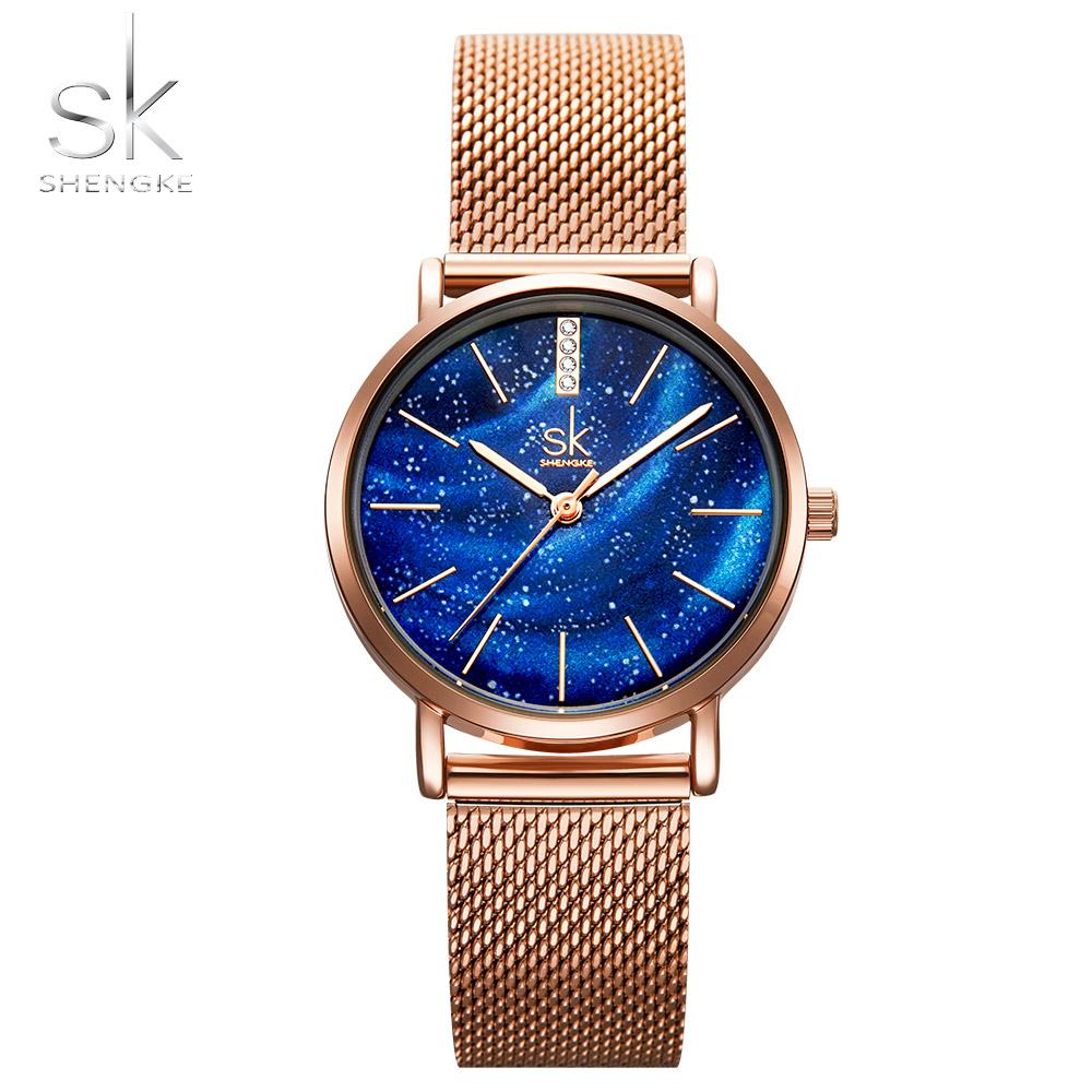 

Shengke женские часы звездный зеленый циферблат с сетчатым ремешком женские наручные часы ультратонкий ремешок из нержавеющей стали кварцевый Montre Femme подарок синий