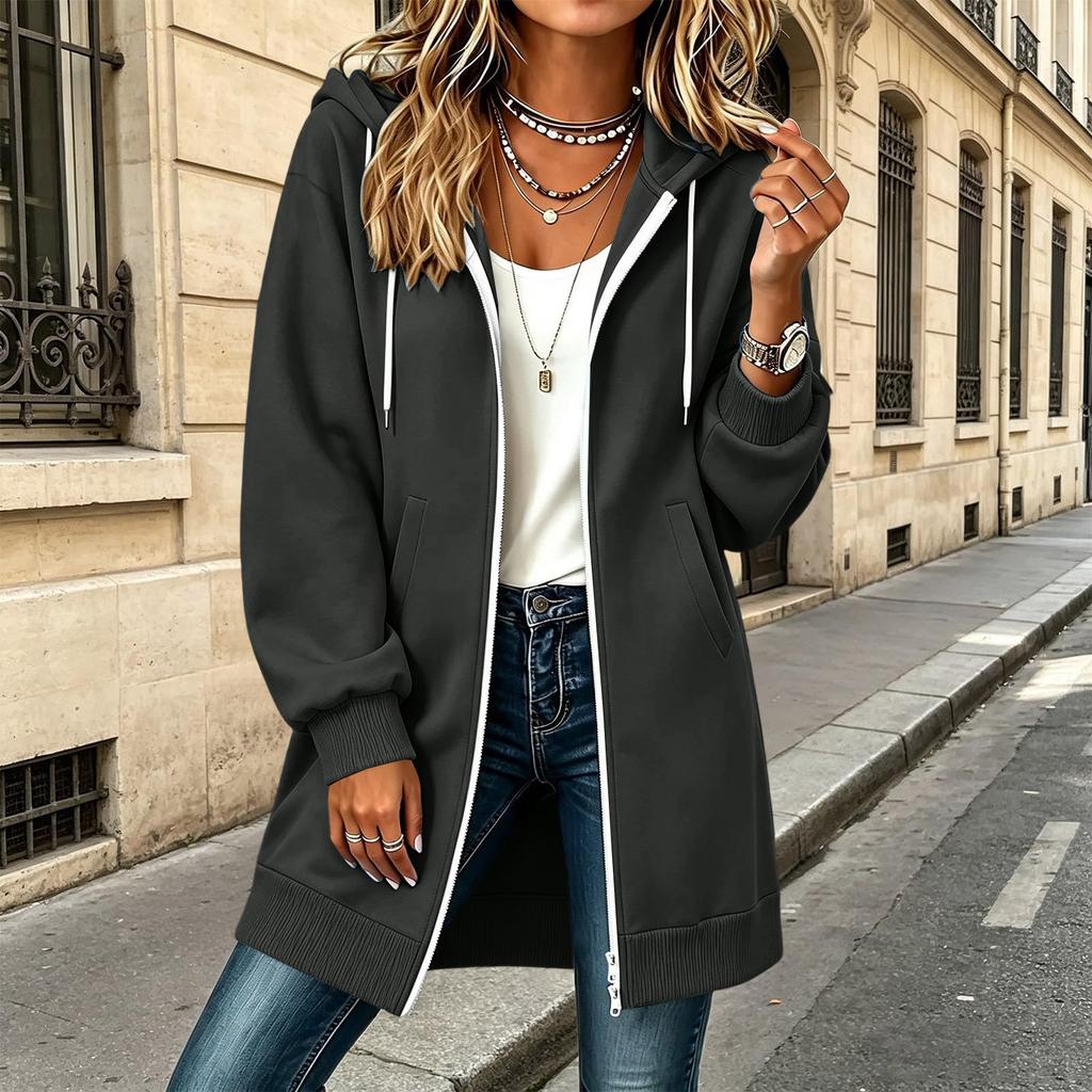 Chaqueta Larga con Capucha y Doble Cremallera para Mujer con Mangas Largas y Bolsillos