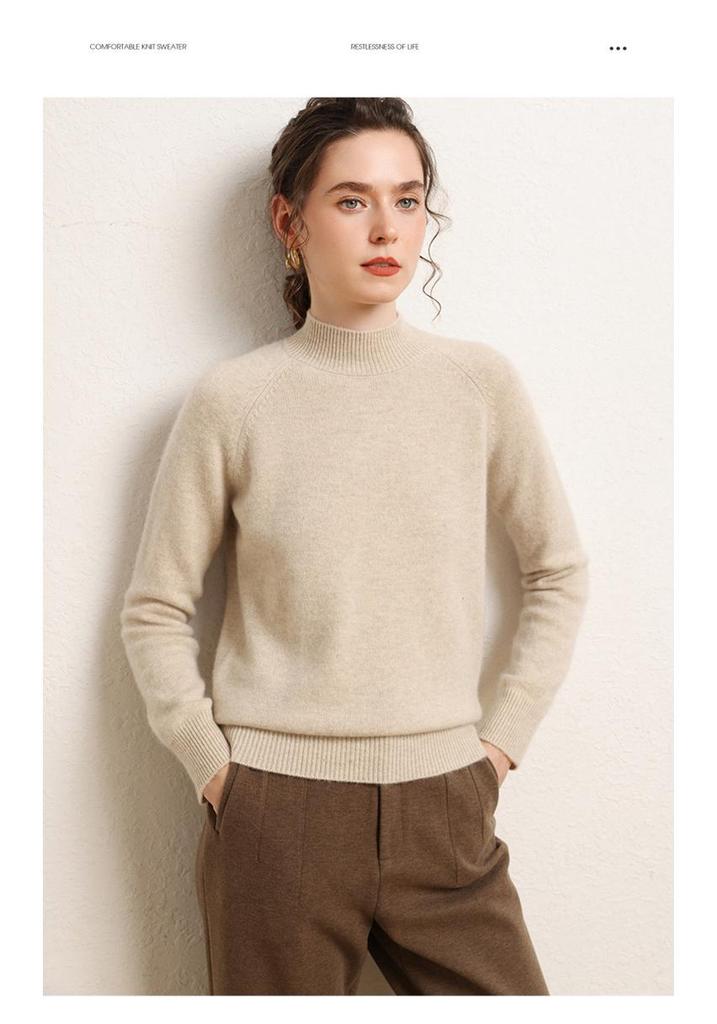 Women's Versatile Cashmere Sweater: Plain Color, Autumn/Winter, Half-High Neck, Raglan Sleeves, Double Ply, Thickened Base Layer.